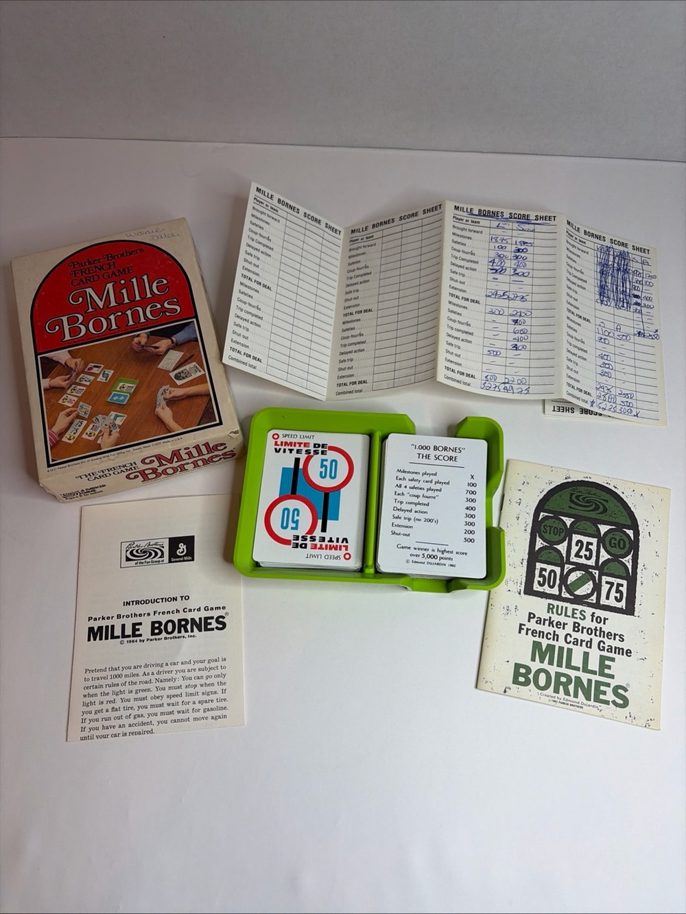 Mille Bornes Card Game – Parker Brothers – Green. Vintage. 1964/1971